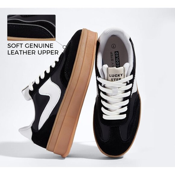 Women Platform BlackWhite Sneaker Thick Sole Suede Leather Low Top Walking Shoes - Picture 2 of 9